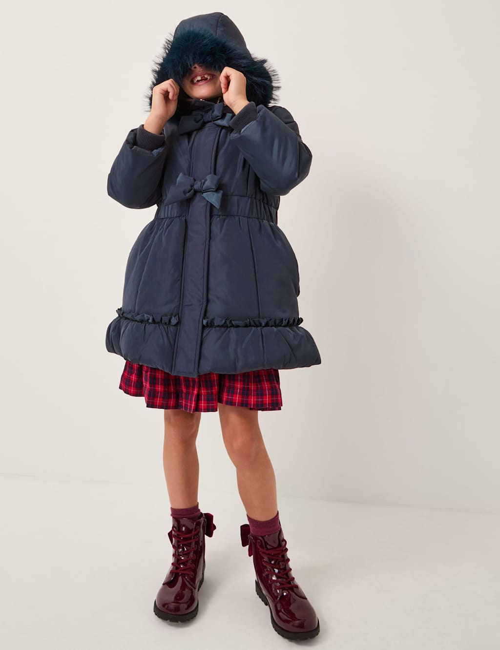 Monsoon Frill Bow Hooded Padded Coat (3-15 Yrs) Navy