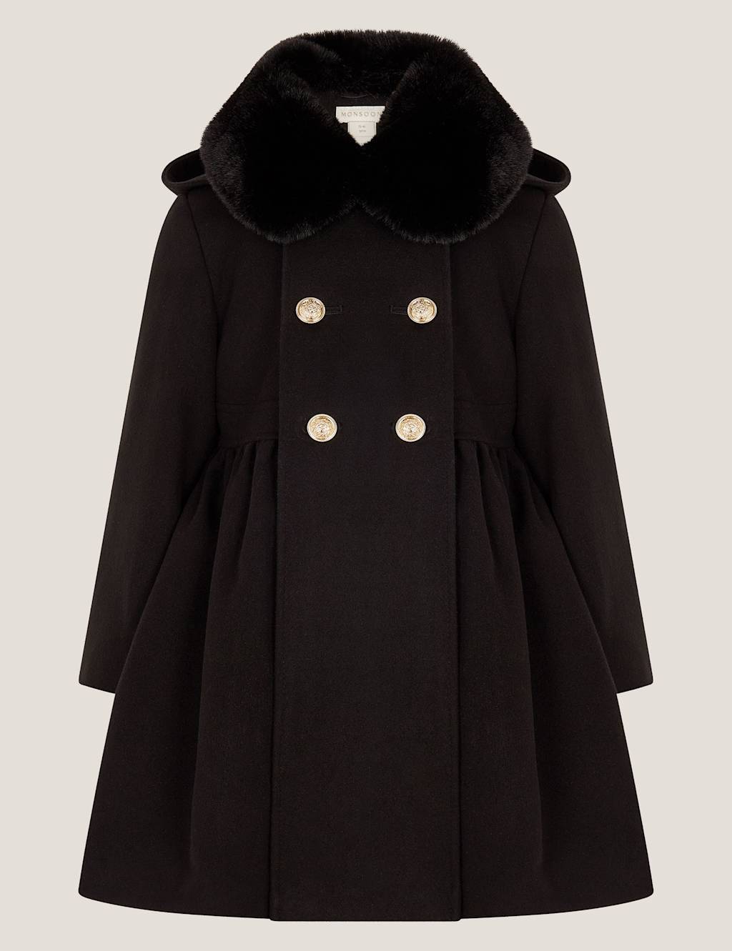 Monsoon Cotton Rich Hooded Faux Fur Collar Coat Black