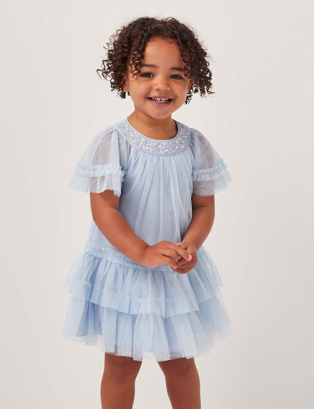 Monsoon Girls Tulle Beaded Flower Dress (0-3 Yrs) - 12-18 - Pale Blue, Pale Blue