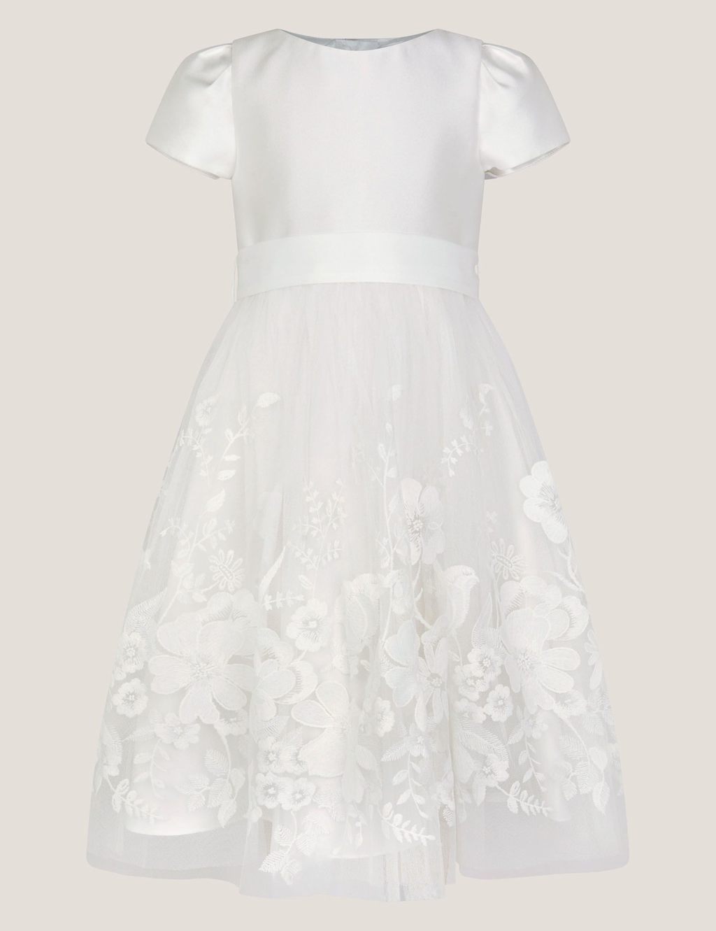 Monsoon Girls Satin Embroidered Floral Dress (2-15 Yrs) - 9 Years - Ivory - Available at M&S