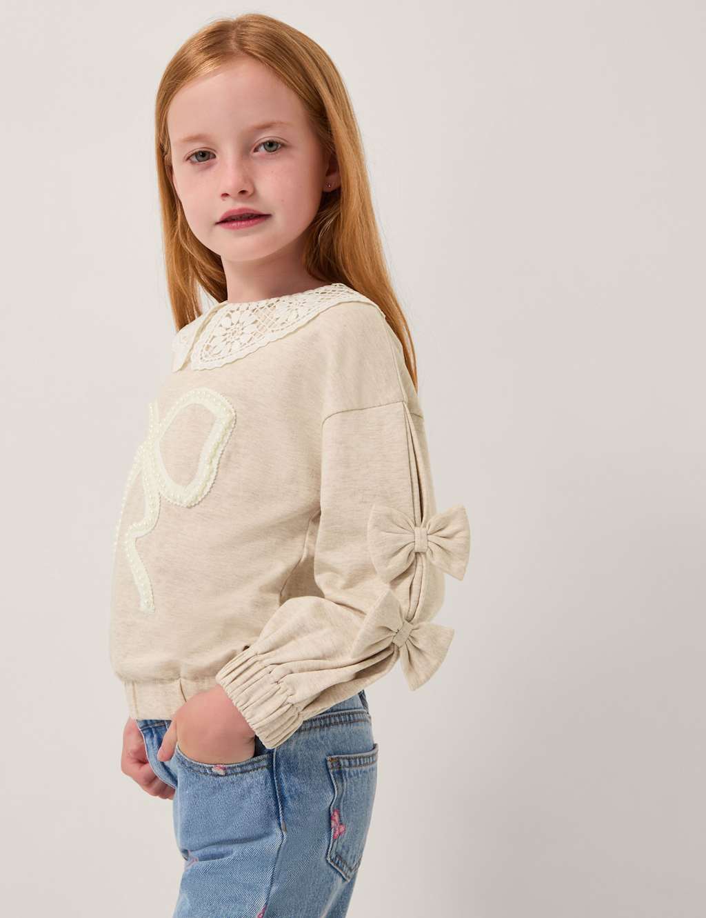 Monsoon Pure Cotton Lace Collar Bow Sweatshirt (2-15 Yrs) Ivory