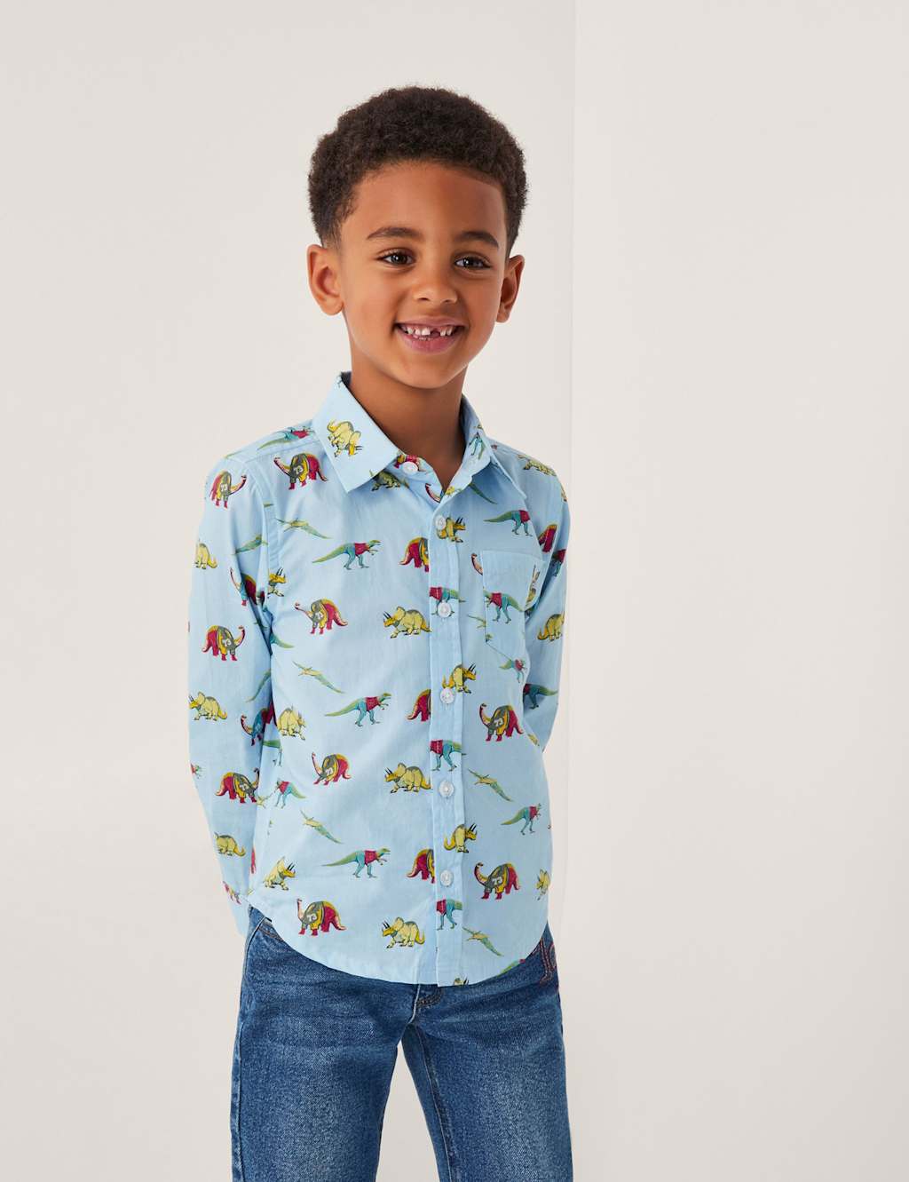 Monsoon Pure Cotton Dino Print Shirt (2-13 yrs) Blue