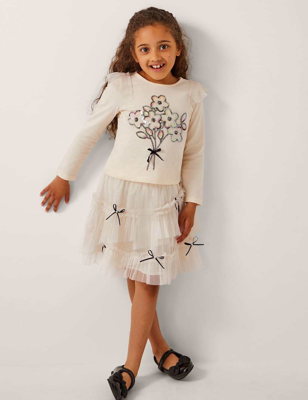 Monsoon Sequin Top and Bow Mesh Skirt Outfit (3-15 Yrs) Ivory