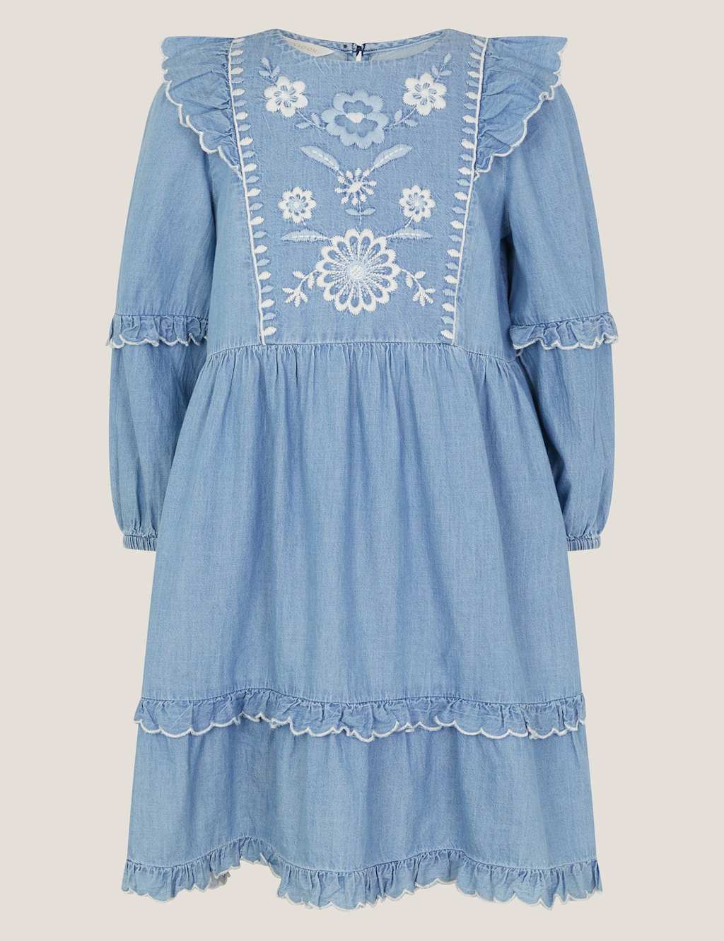 Monsoon Embroidered Frill Detail Dress (3-15 Yrs) Blue