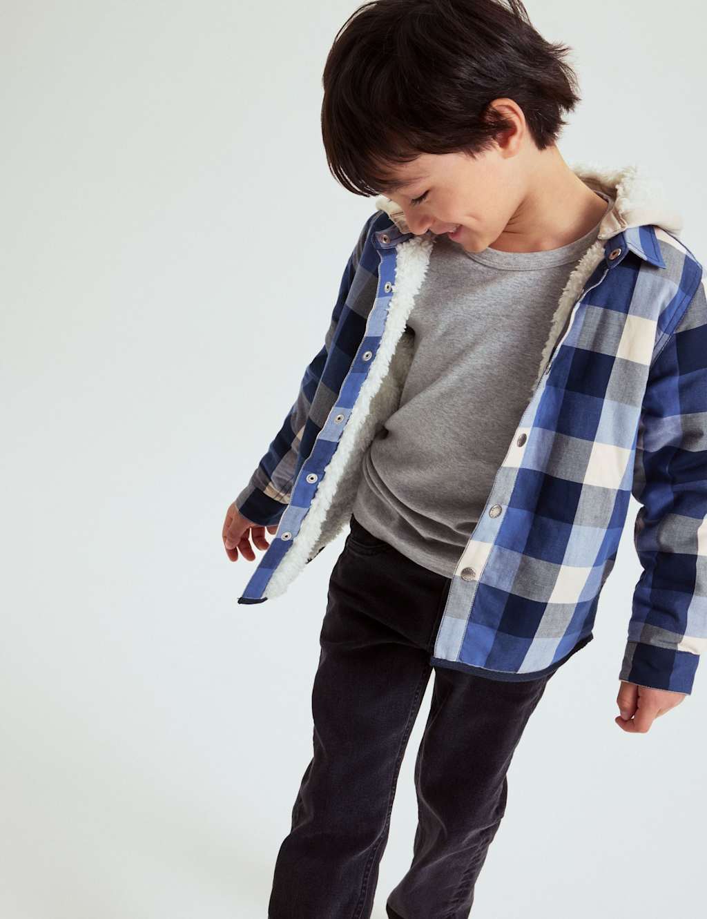 Polarn O. Pyret Pure Cotton Fleece Lined Checked Shirt (1-10 Yrs) Navy Mix