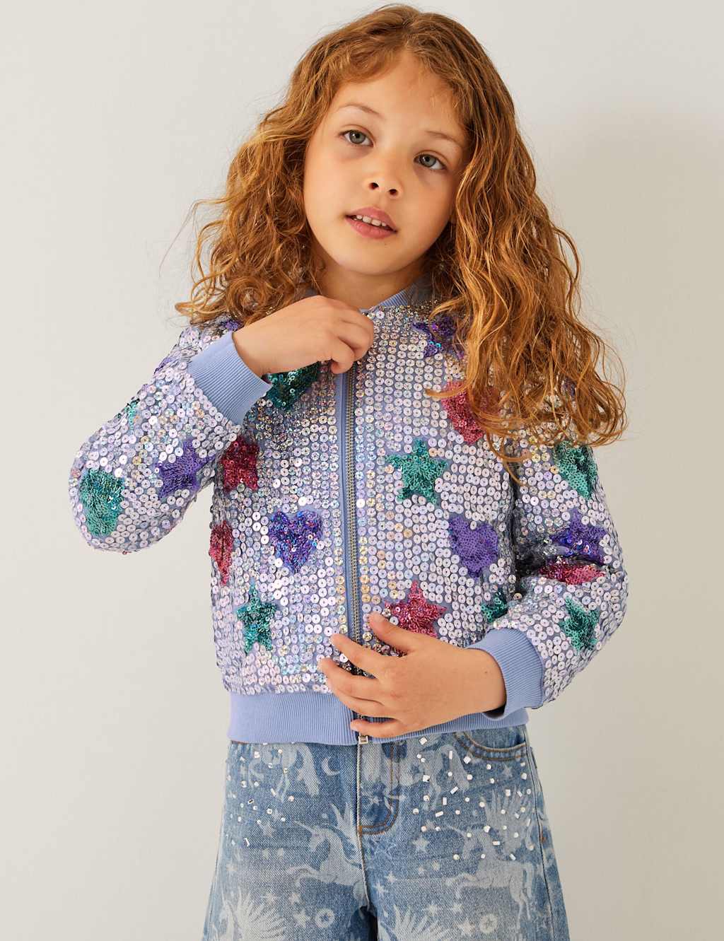Monsoon Girls Star & Heart Sequin Bomber Jacket (3-15 Yrs) - 7-8 Y - Blue Mix, Blue Mix