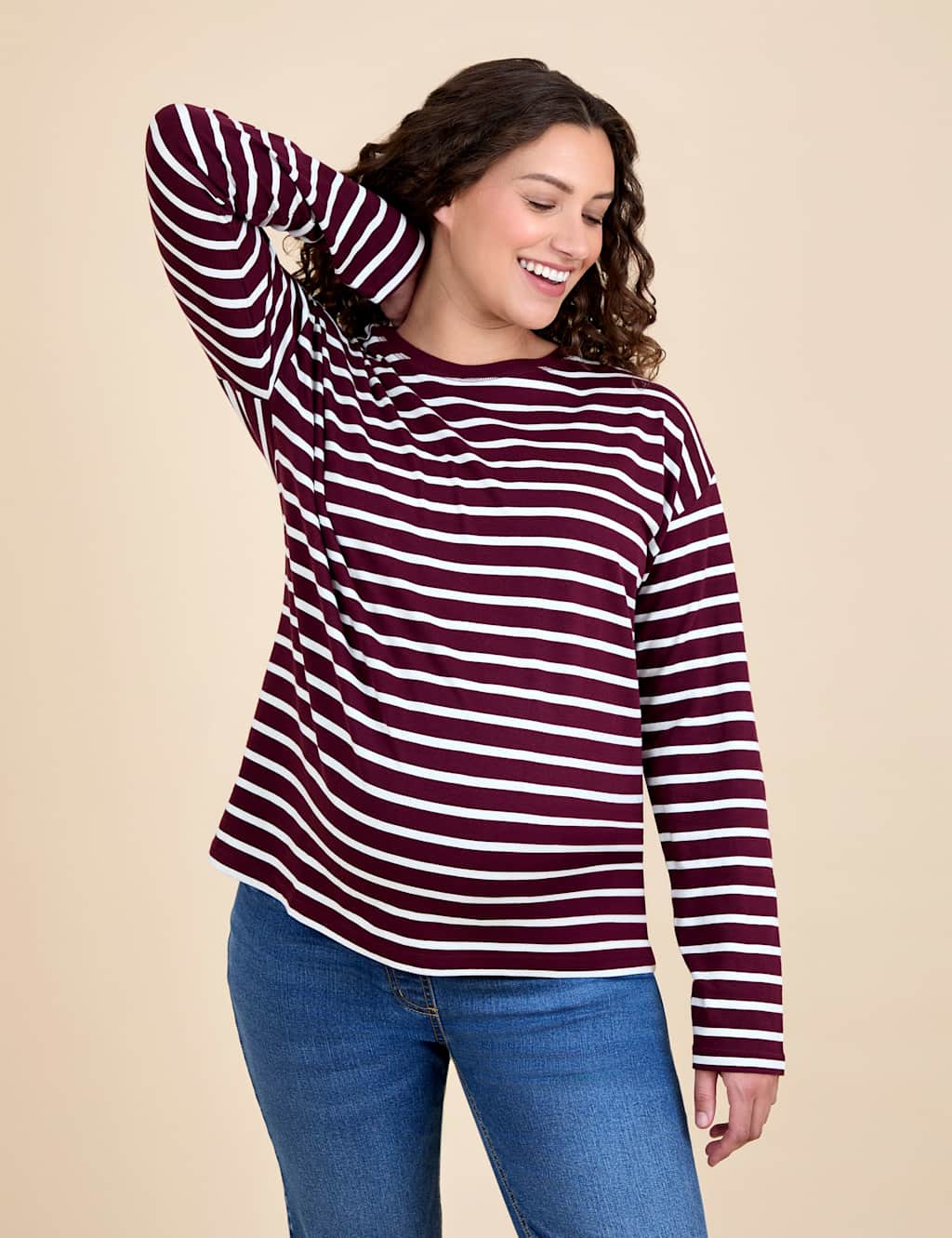 JoJo Maman Bb Maternity Pure Cotton Striped Top Burgundy Mix