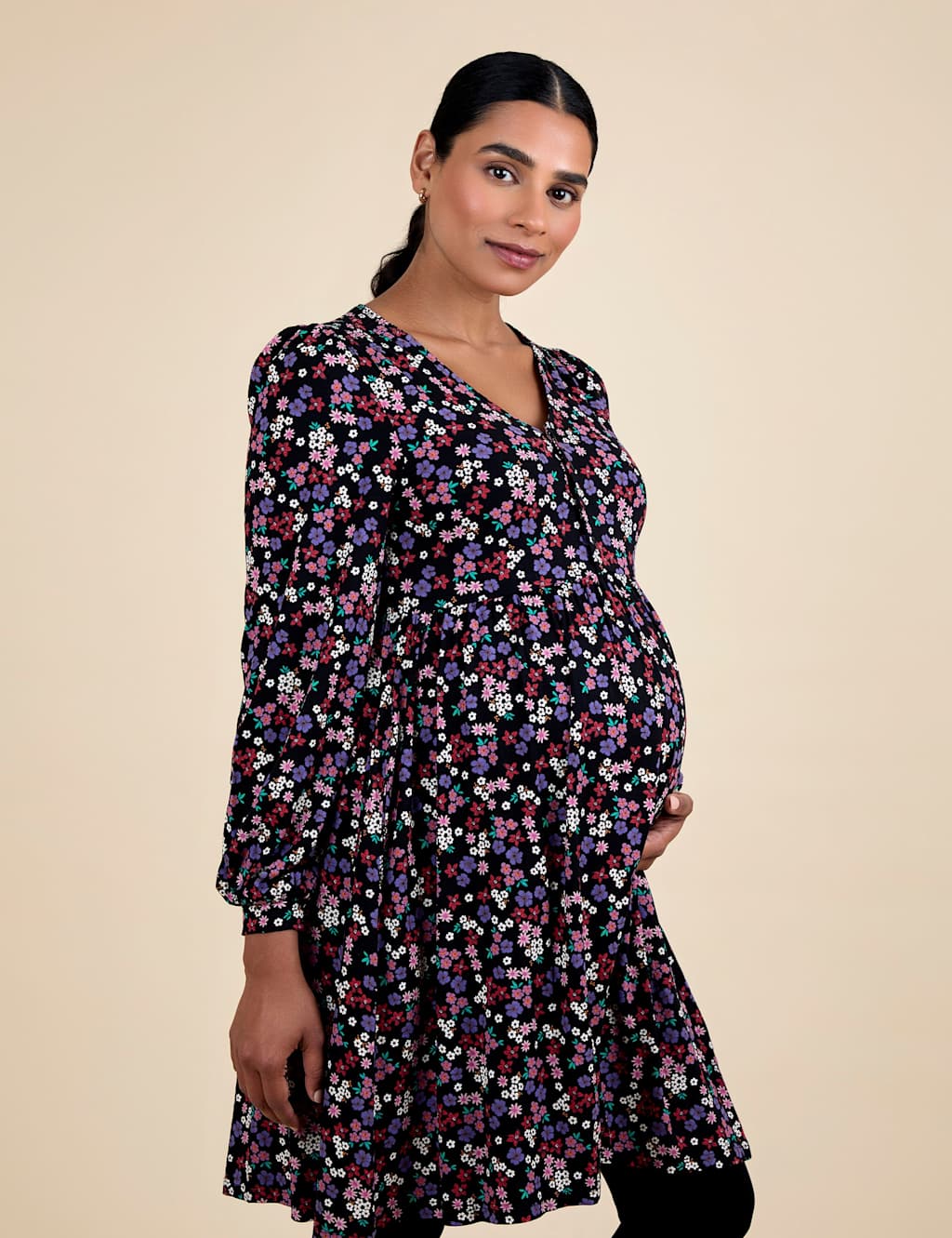 JoJo Maman Bb Maternity Floral V-Neck Swing Dress Black Mix