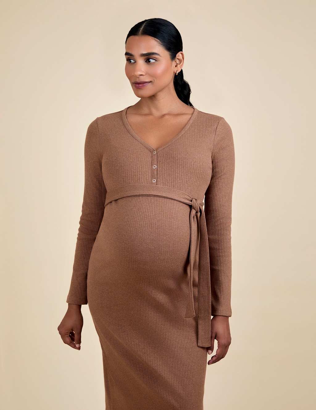 JoJo Maman Bb Maternity Cotton Rich Ribbed Bodycon Dress Camel