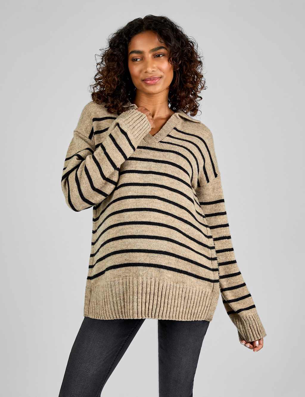JoJo Maman Bb Maternity Striped V-Neck Jumper Oatmeal