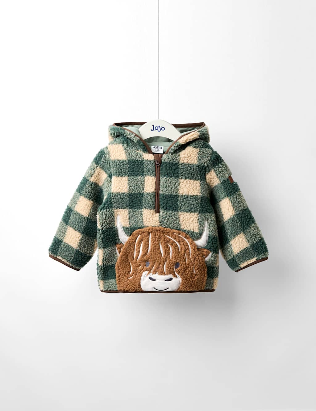 JoJo Maman Bb Highland Cow Half Zip Borg Fleece Jacket (6 Mths-5 Yrs) Green Mix