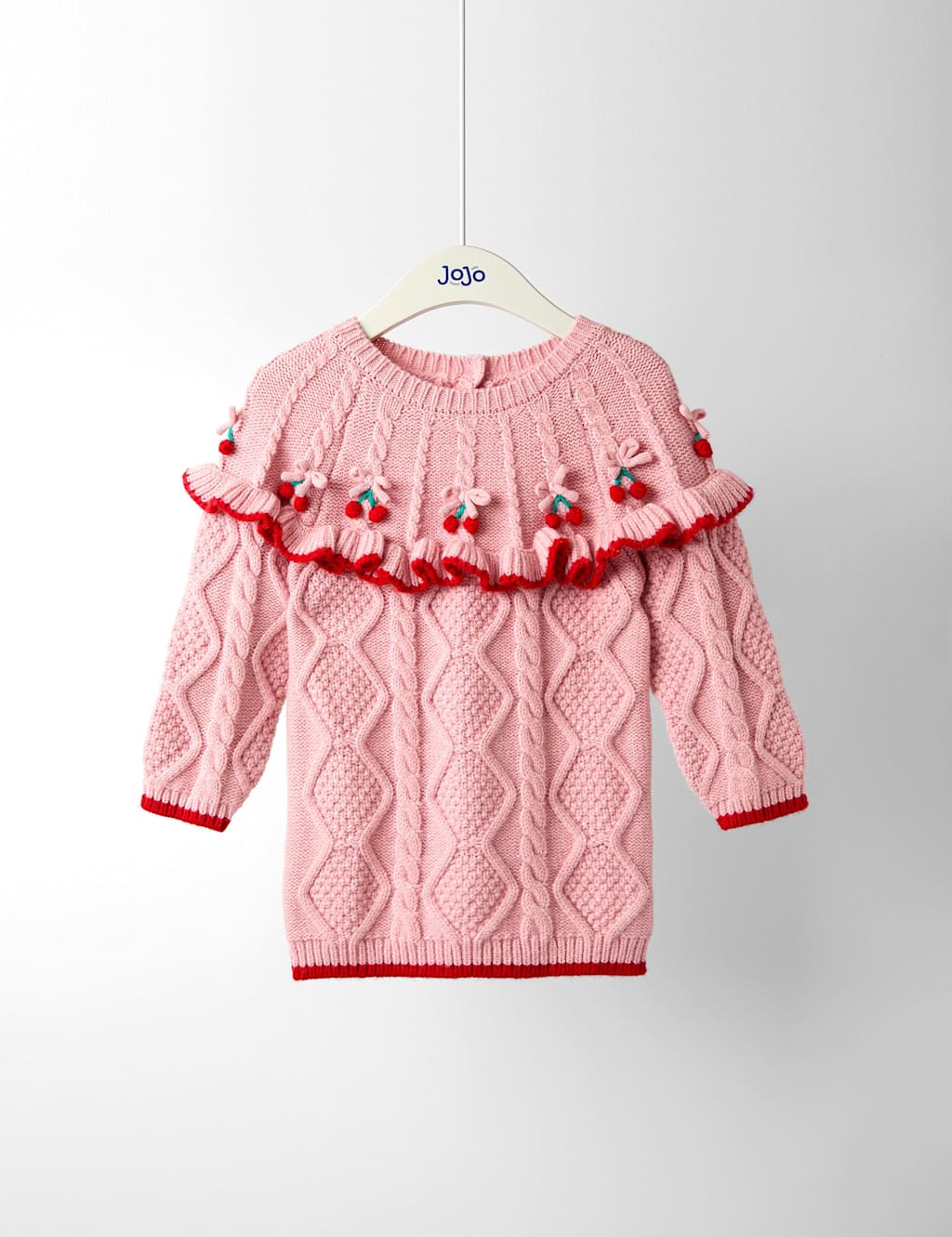 Jojo Maman Bébé Girls Embroidered Cherry Knitted Dress with Wool (12 Mths - 7 Yrs) - 3-4 Y - Pink, Pink
