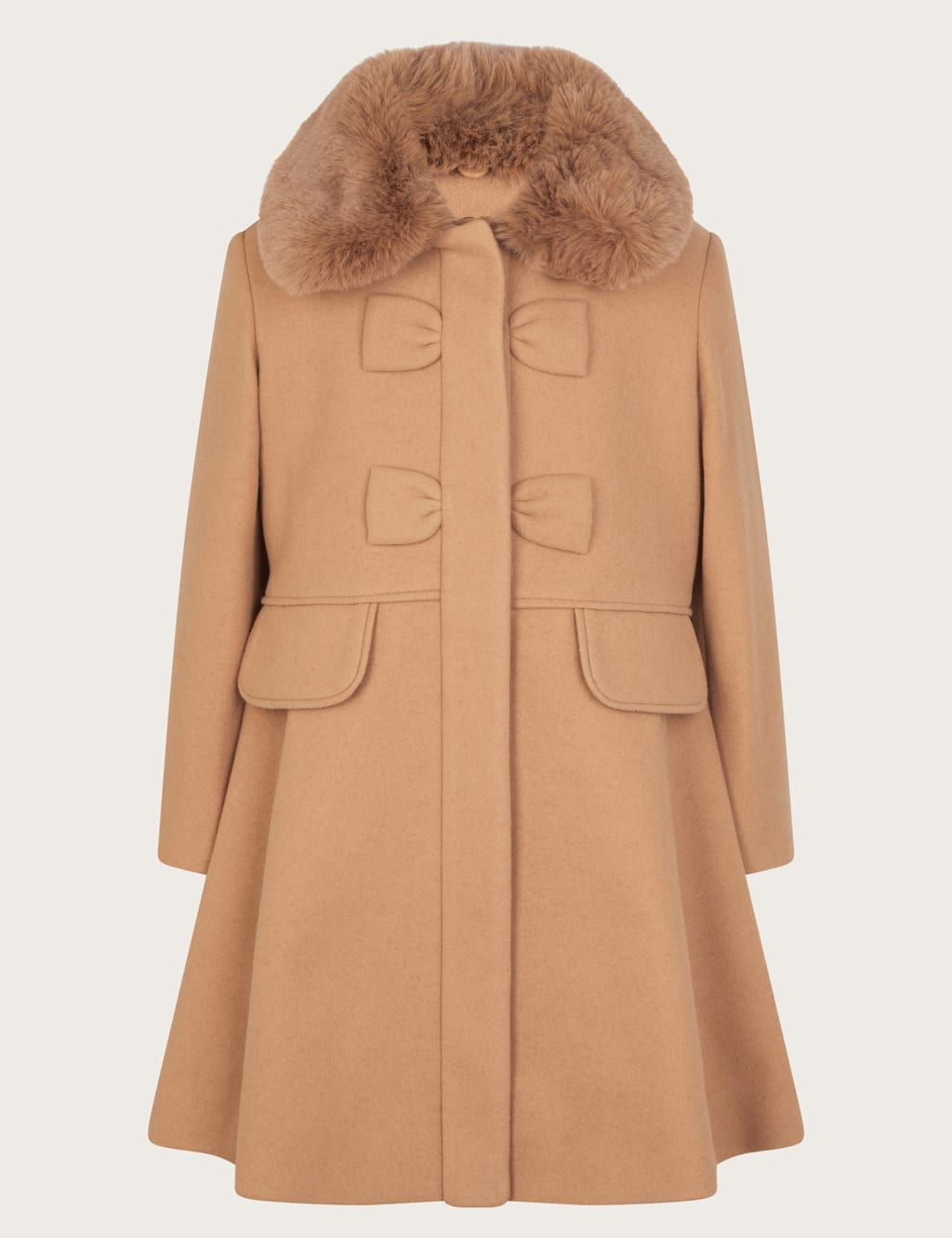 Monsoon Girls Faux Fur Collar Swing Coat with Wool (3-15 Yrs) - 7-8 Y - Camel, Camel