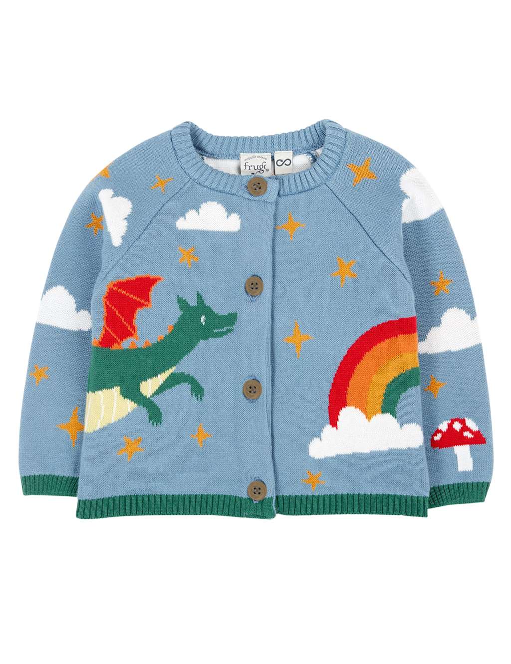 Frugi Pure Cotton Dragon Knitted Cardigan (0-5 Yrs) Blue Mix