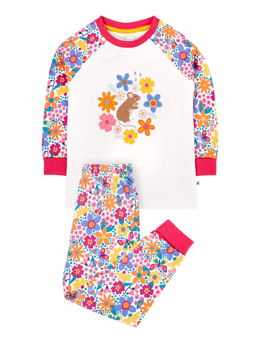 Frugi Pure Cotton Floral Mouse Applique Pyjamas (2-10 Yrs) White