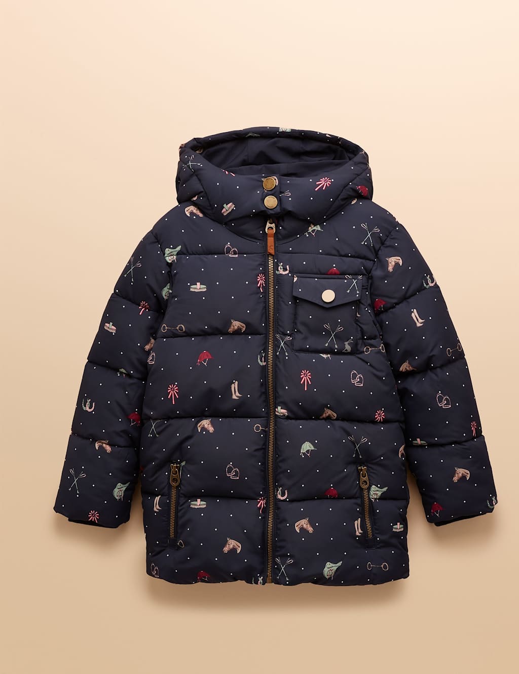 Joules Showerproof Hooded Horse Print Coat (1-12 Yrs) Navy Mix