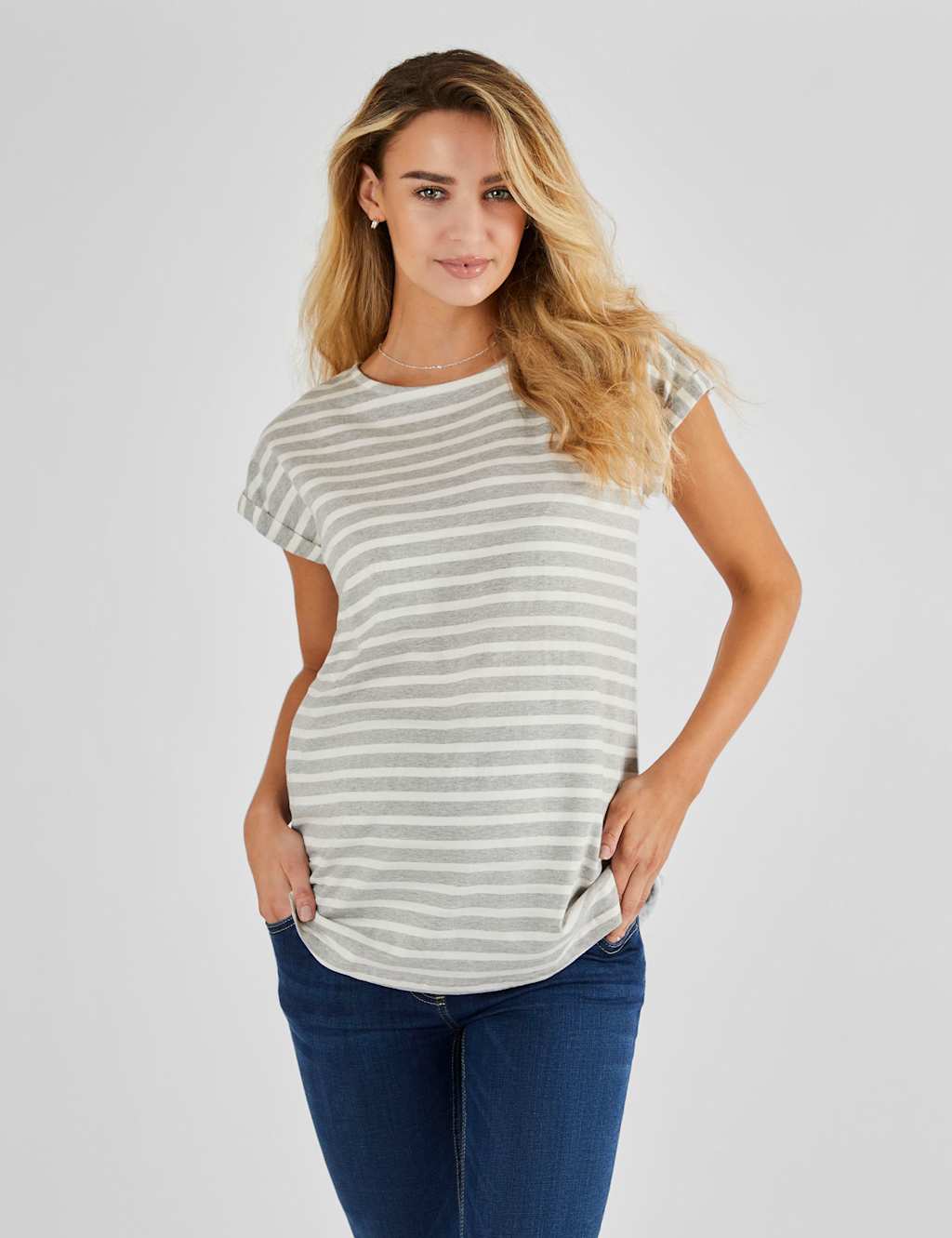 JoJo Maman Bb Maternity Pure Cotton Striped T-Shirt Grey Mix