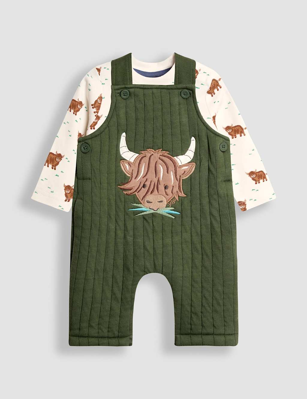 JoJo Maman Bb 2pc Pure Cotton Highland Cow Dungaree Outfit (0-24 Mths) Green