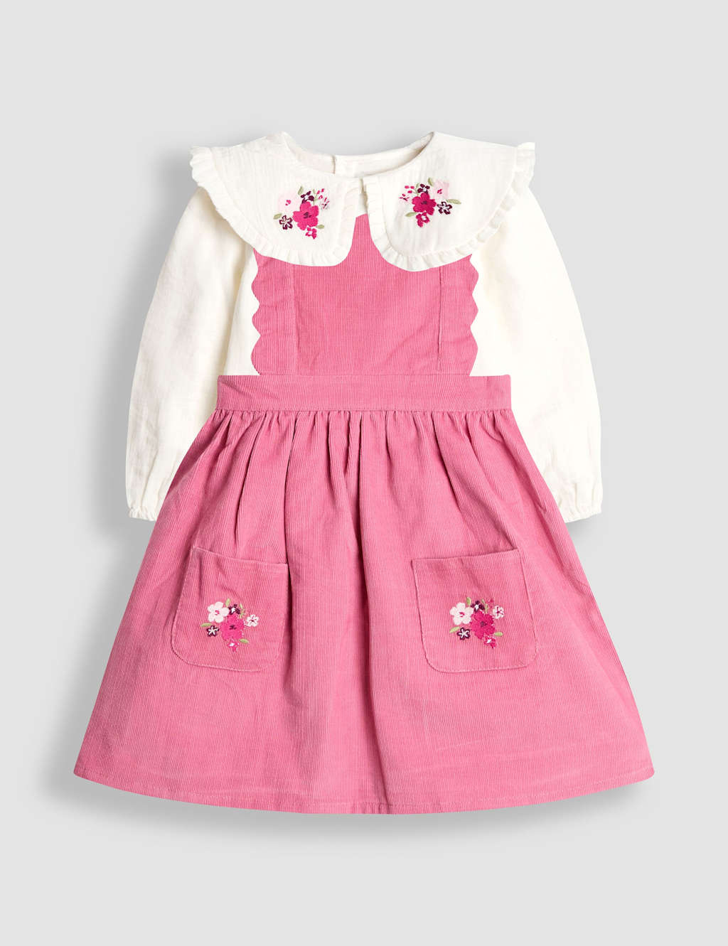 JoJo Maman Bb 2pc Pure Cotton Embroidered Pinafore Outfit (6 Mths - 7 Yrs) Dusky Rose