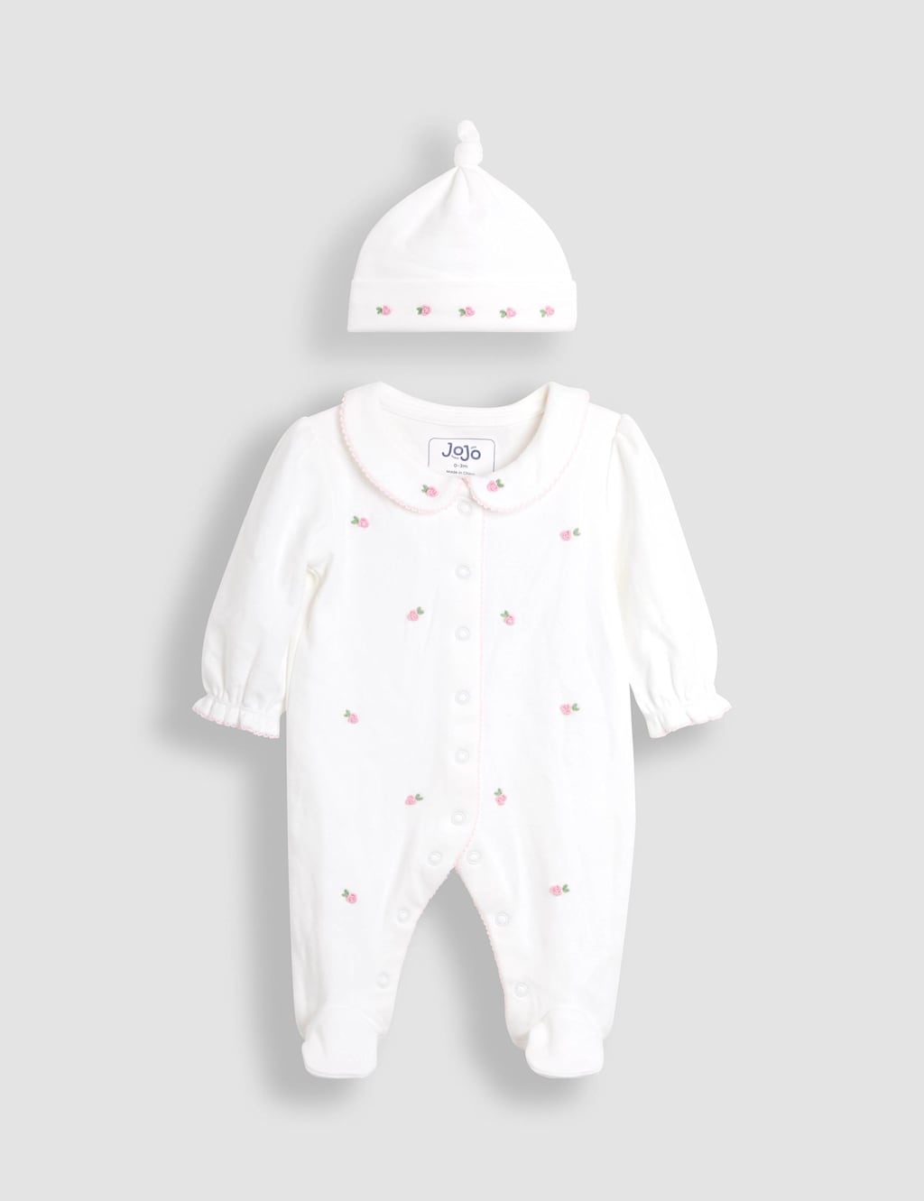 JoJo Maman Bb Pure Cotton Rosebud Sleepsuit and Hat Set (0-18 Mths) White Mix
