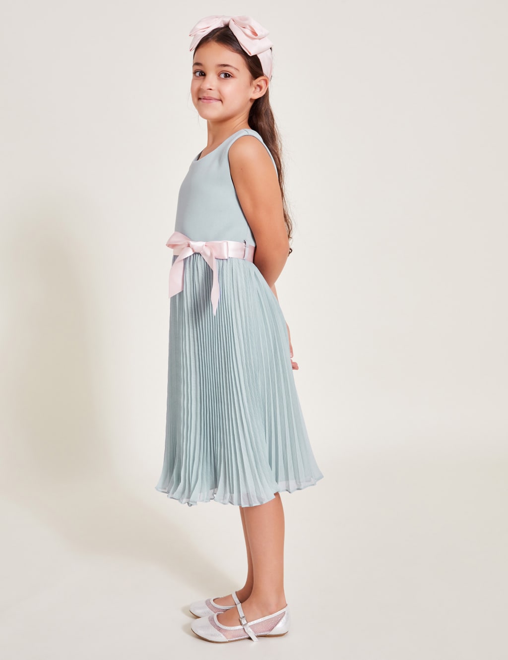 Monsoon Girls Satin Bow Pleated Dress (3-13 Yrs) - 5y - Grey, Grey