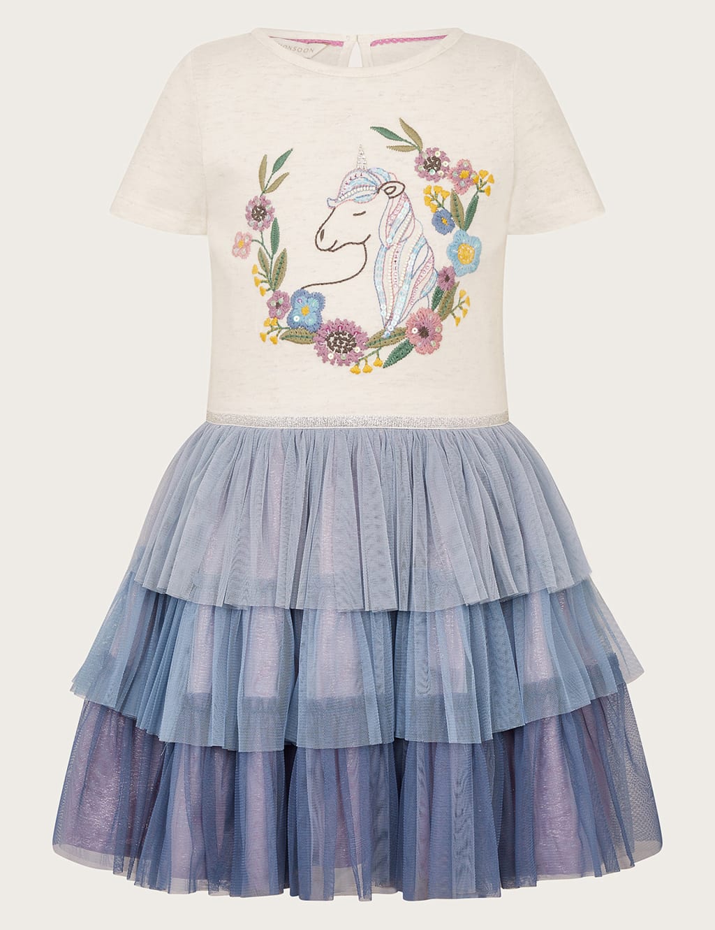 Monsoon Girls Unicorn Tiered Party Dress (3-13 Yrs) - 11-12 - Blue Mix, Blue Mix