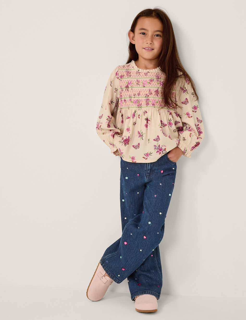 Monsoon Floral Butterfly Smocked Blouse (3-13 Yrs) Ivory Mix