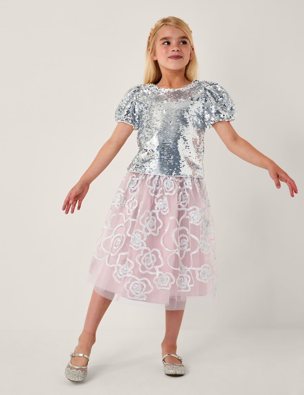Monsoon Sequin Puff Sleeve Top (3-15 Yrs) Silver
