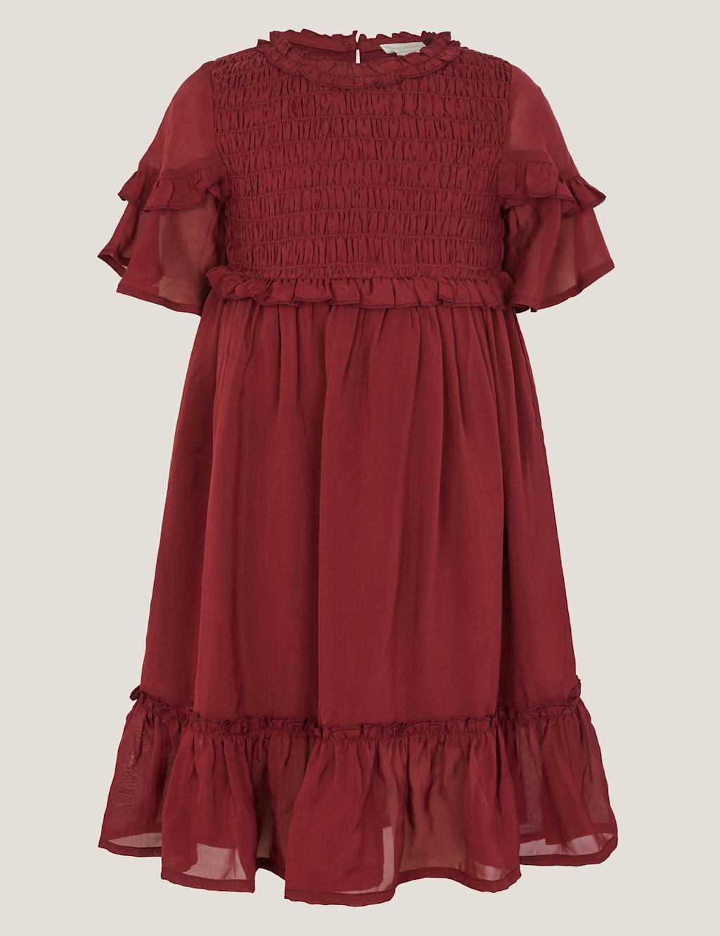 Monsoon Satin Frilly Smocked Dress (2-13 Yrs) Burgundy Mix