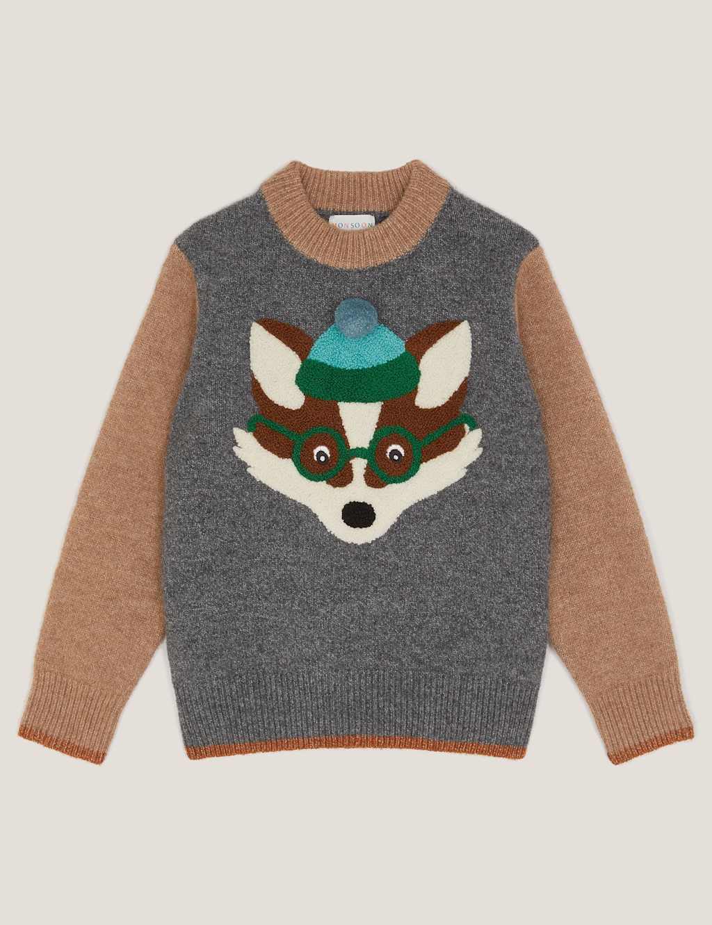 Monsoon Pure Cotton Fox Colour Block Jumper (18 Mths - 13 Yrs) Grey Mix