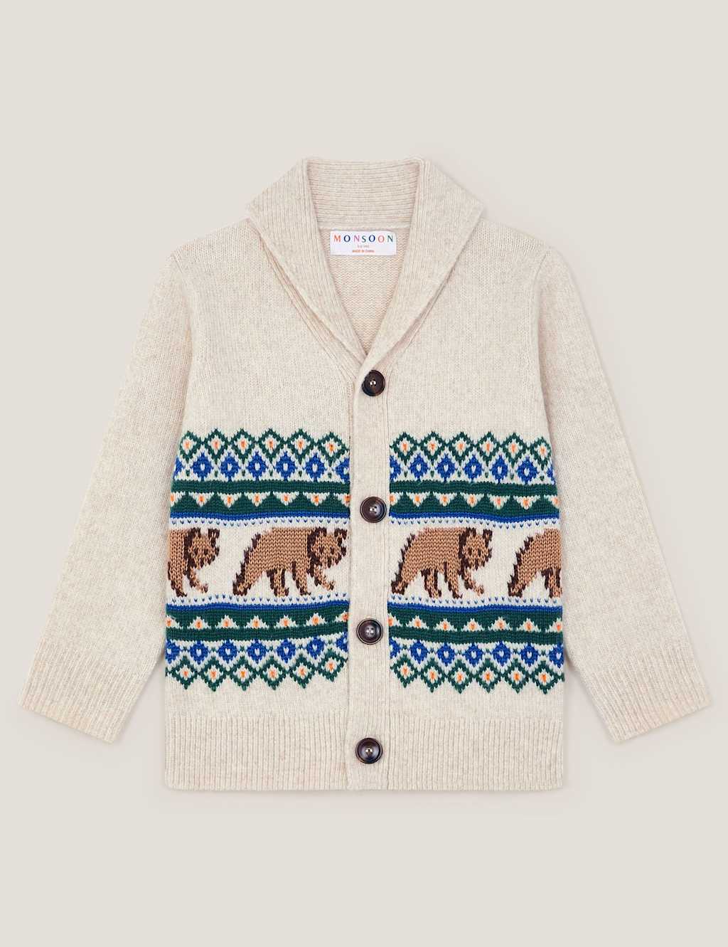 Monsoon Fair Isle Bear Cardigan (2-13 Yrs) Ivory Mix