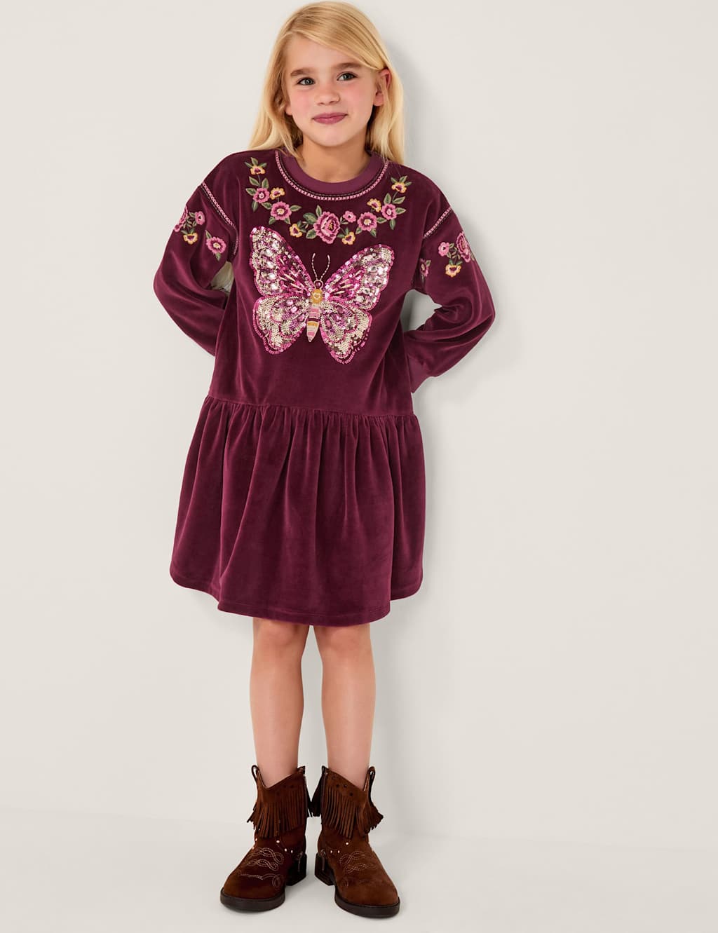Monsoon Velour Sequin Butterfly Dress (3-13 Yrs) Burgundy Mix