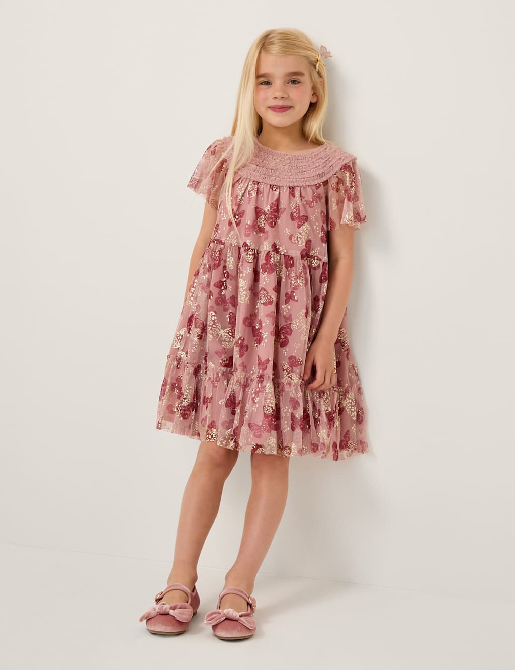 Monsoon Butterfly Foil Print Dress (2-15 Yrs) Pink Mix