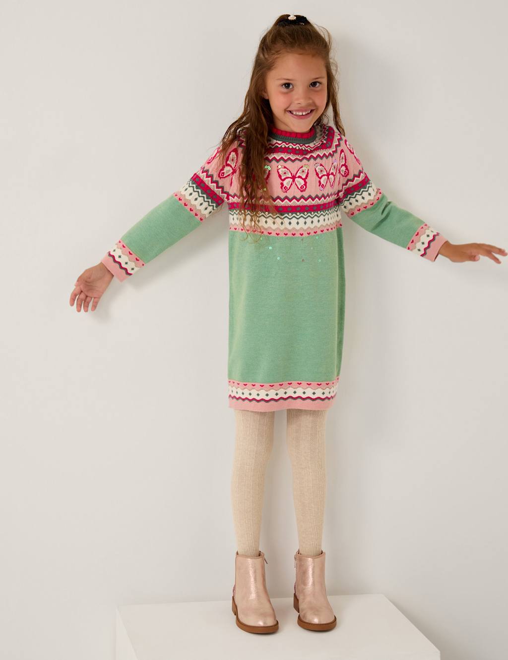 Monsoon Butterfly Fair Isle Jumper Dress (3-13 Yrs) Green Mix