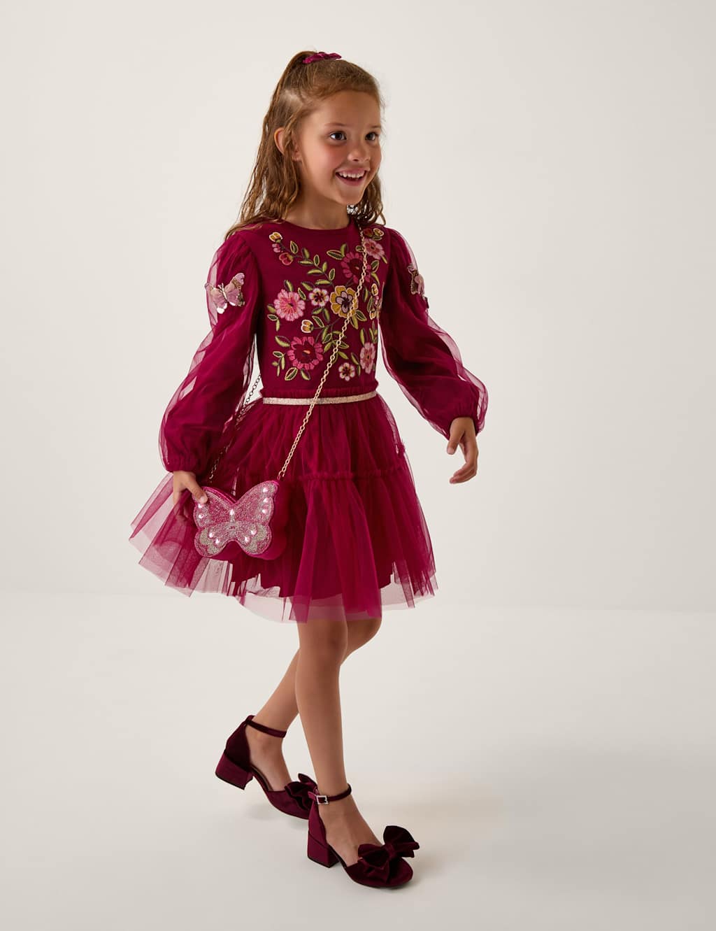 Monsoon Floral Embroidered Butterfly Tulle Dress (3-15 Yrs) Burgundy