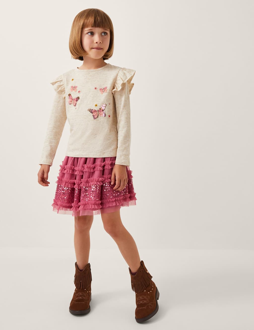 Monsoon Sequin Butterfly Top & Skirt Set (3-13 Yrs) Pink Mix