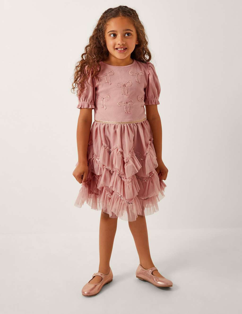 Monsoon Bow Puff Sleeve Ruffle Dress Pink