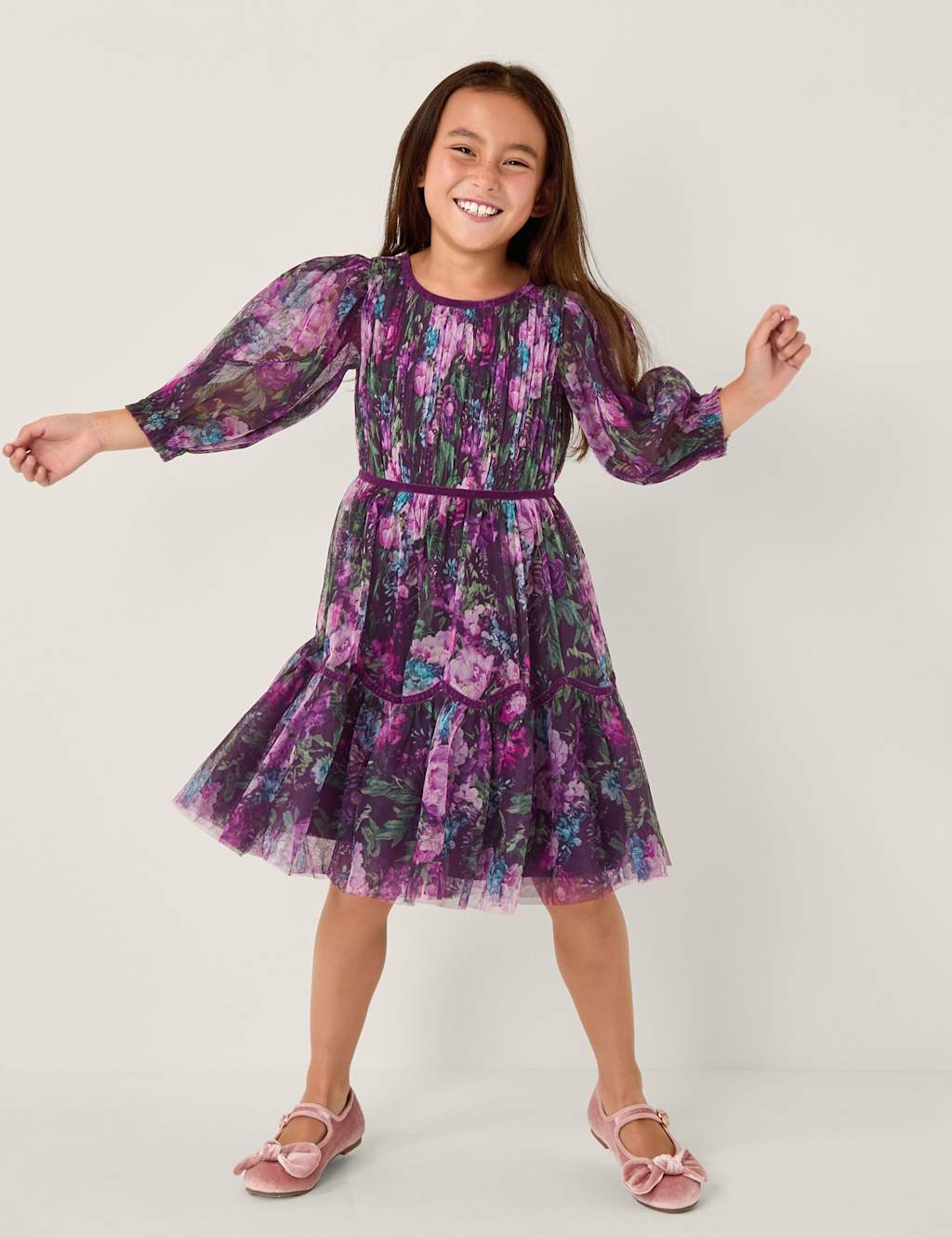 Monsoon Floral Tulle Dress (3-15 Yrs) Purple Mix
