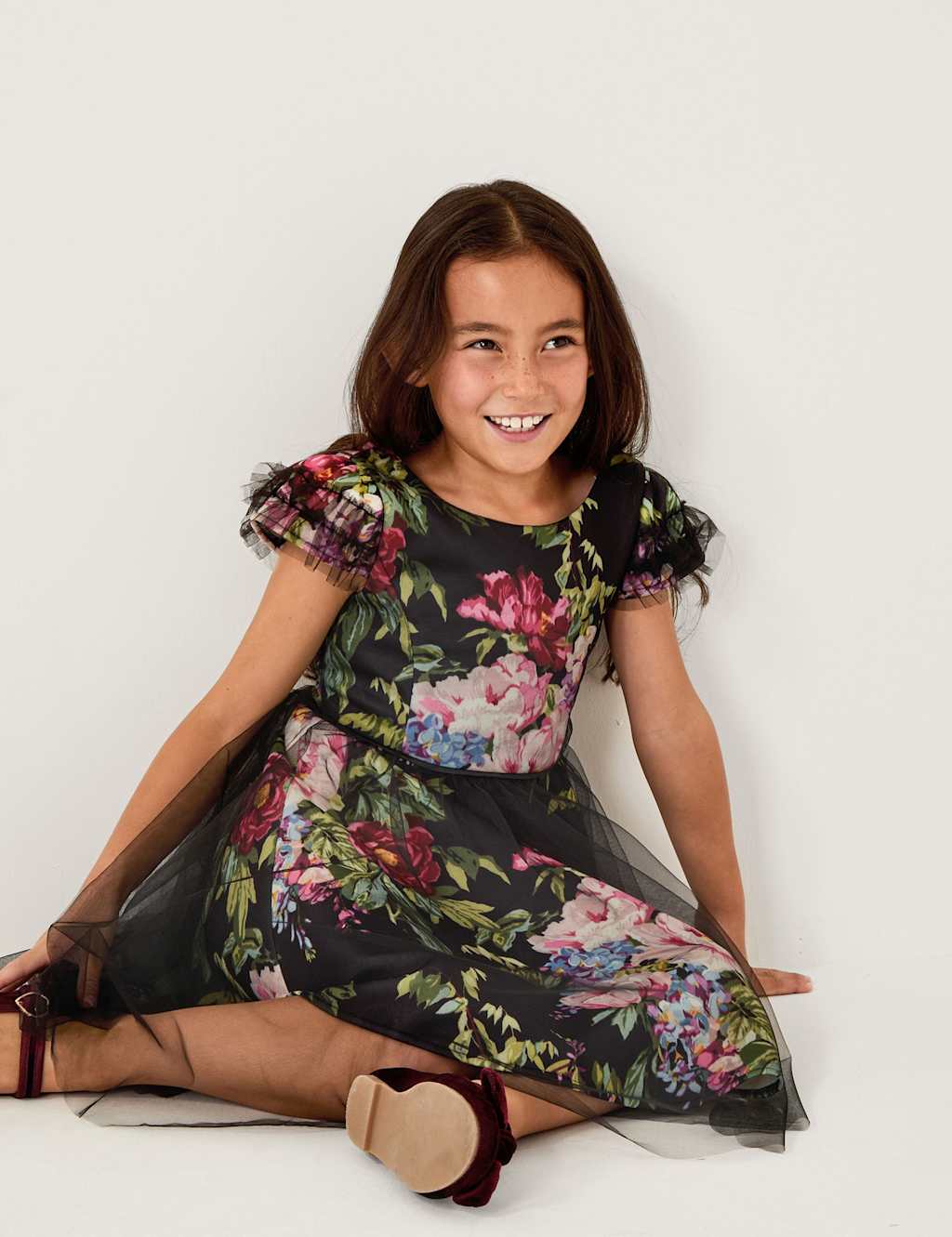 Monsoon Floral Tulle Layered Party Dress (3-13 Yrs) Black Mix