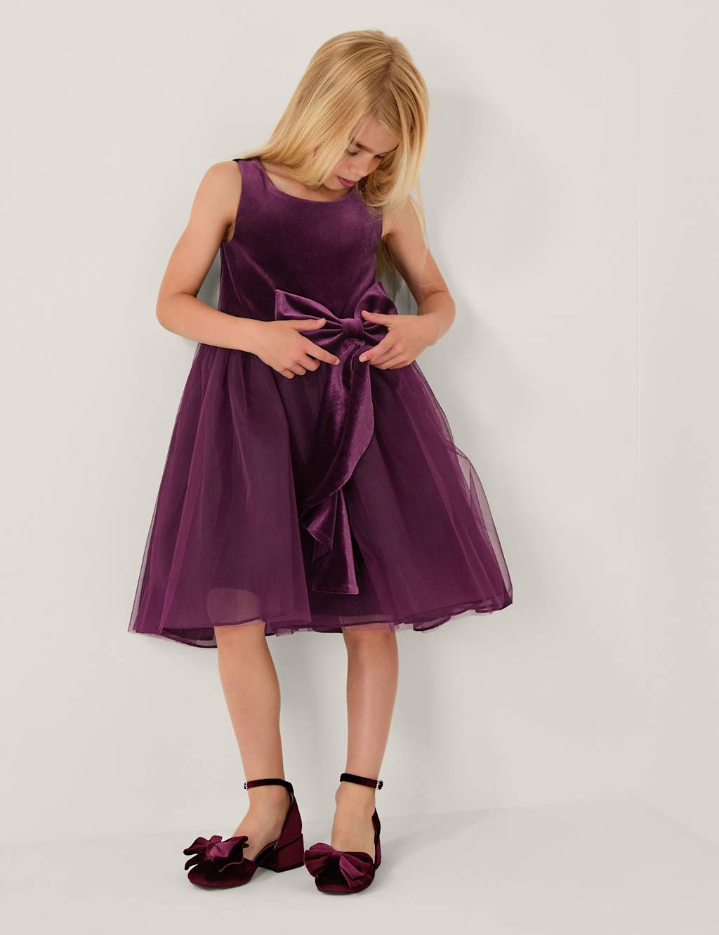 Monsoon Velvet Bow Tulle Dress Purple