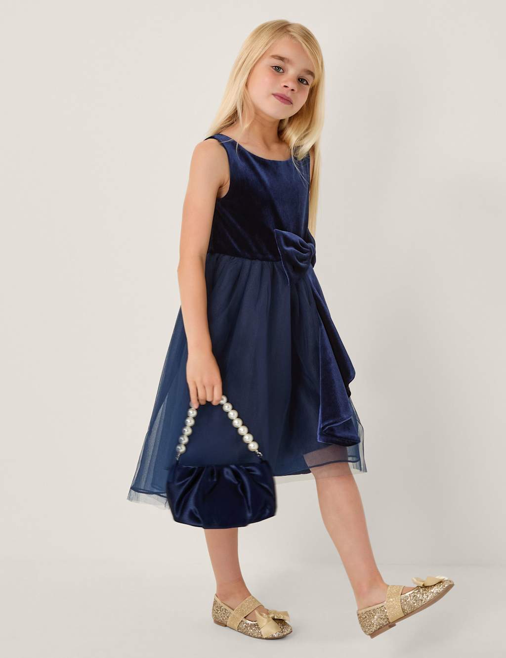 Monsoon Velvet Bow Tulle Dress Navy