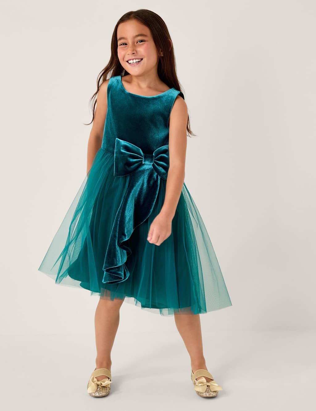 Monsoon Velvet Bow Tulle Dress Teal
