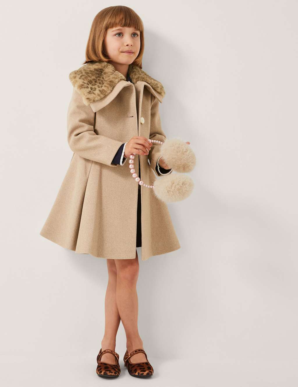 Monsoon Leopard Collar Swing Coat (3-15 Yrs) Oatmeal