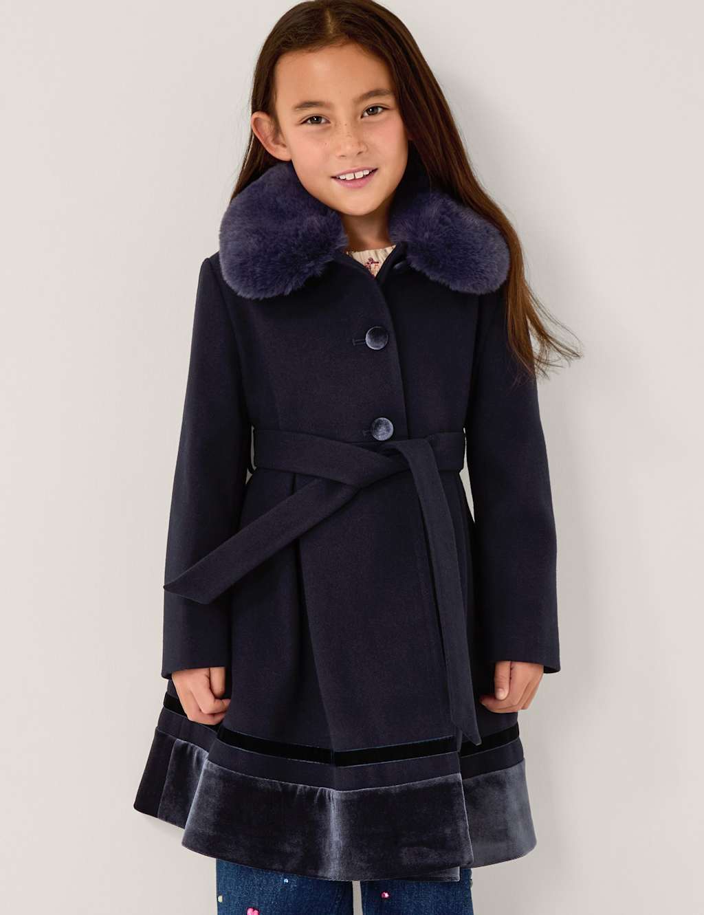 Monsoon Faux Fur Coat (3-13 Yrs) Navy