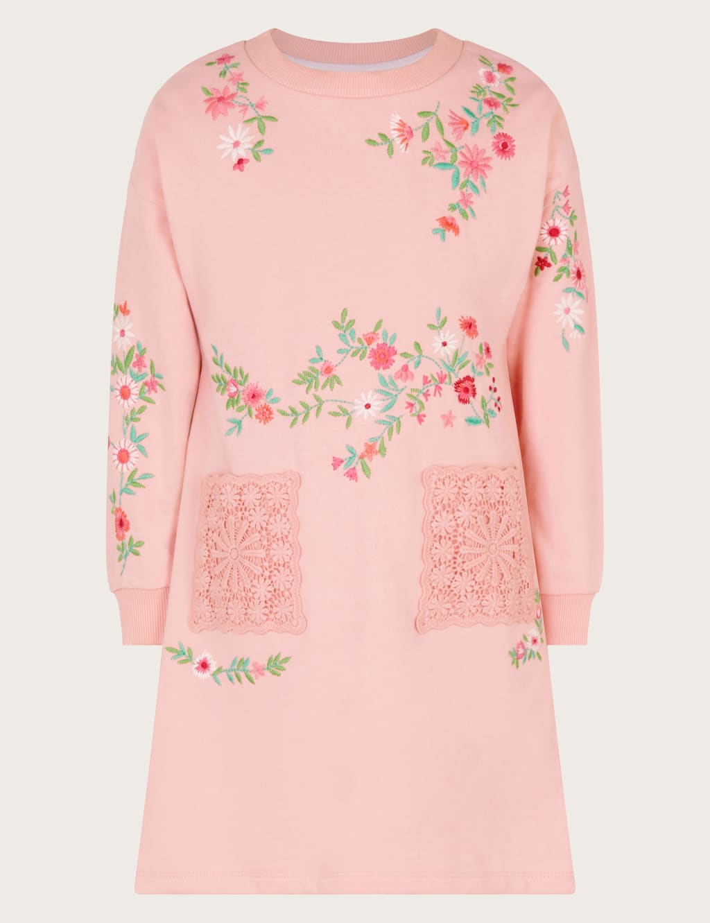 Monsoon Girls Pure Cotton Floral Embroidered Sweatshirt Dress (3-13 Yrs) - 3-4 Y - Pink Mix, Pink Mix
