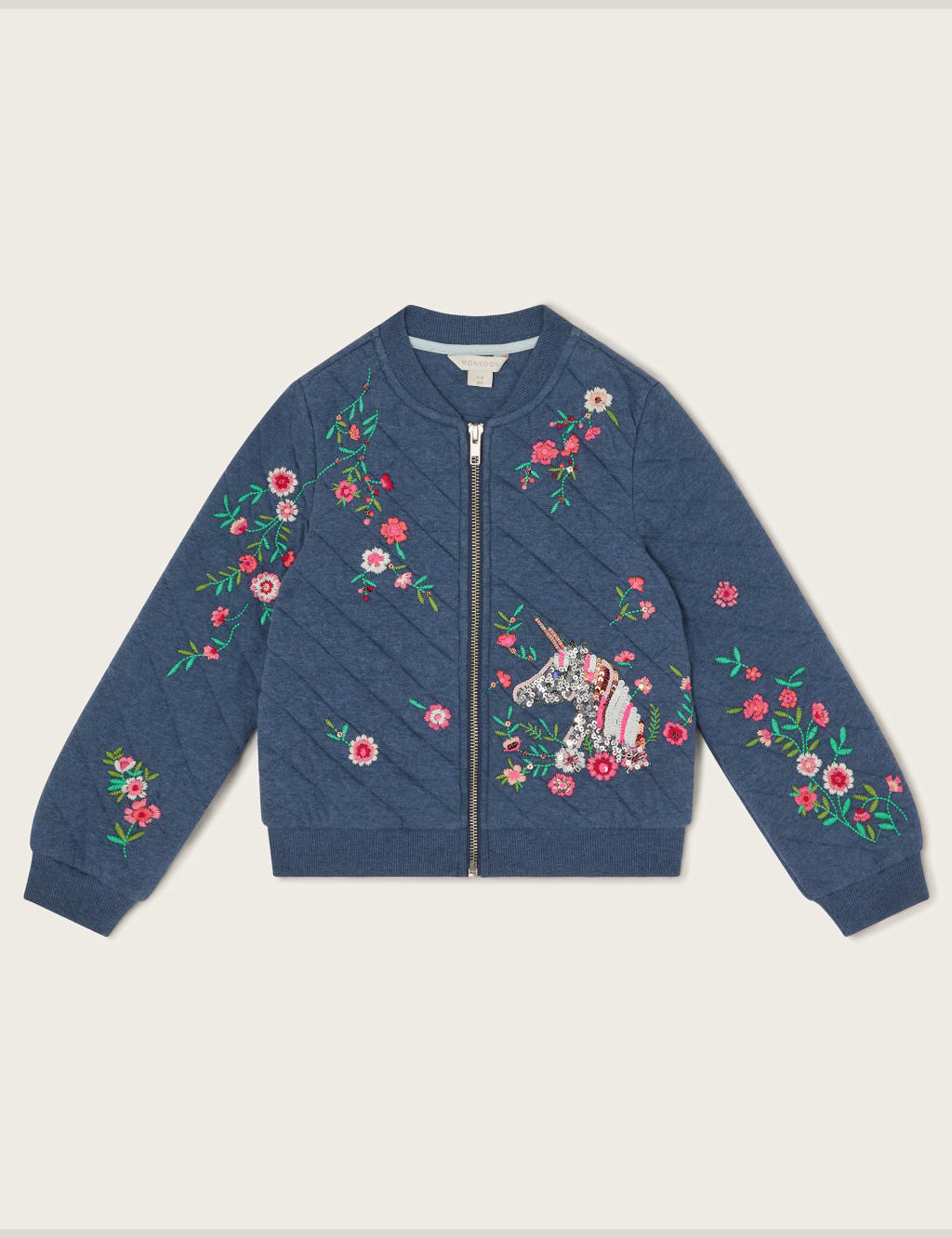 Monsoon Girls Pure Cotton Unicorn Sequin Bomber (3-15 Yrs) - 7-8 Y - Blue Mix, Blue Mix