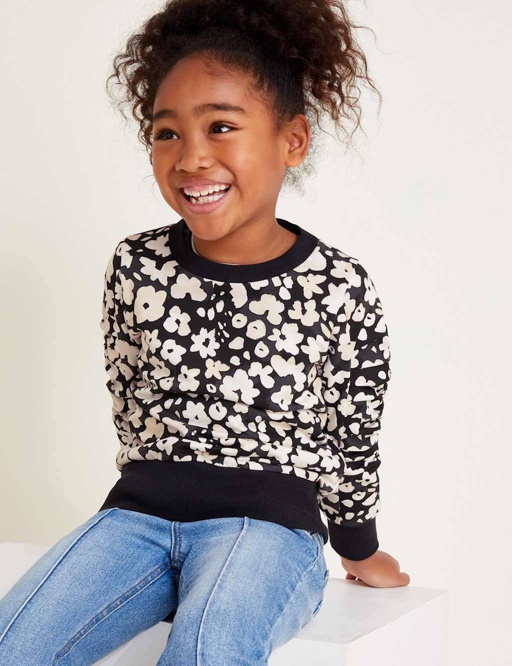 Monsoon Girls Pure Cotton Floral Sweatshirt (3-13 Yrs) - 5-6 Y - Black Mix, Black Mix