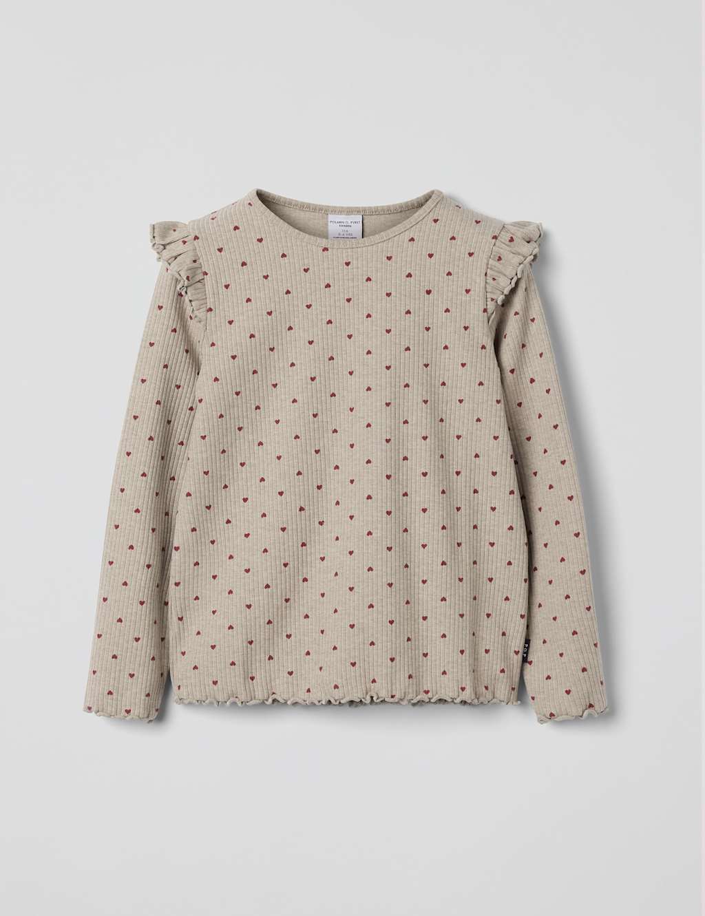 Polarn O. Pyret Cotton Rich Ribbed Heart Frill Top (1-10 Yrs) Beige Mix