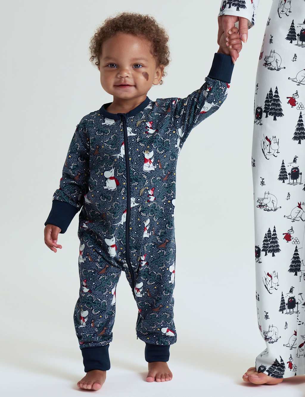 Polarn O. Pyret Cotton Rich Winter Moomin Print Sleepsuit (0-4 Yrs) Navy Mix