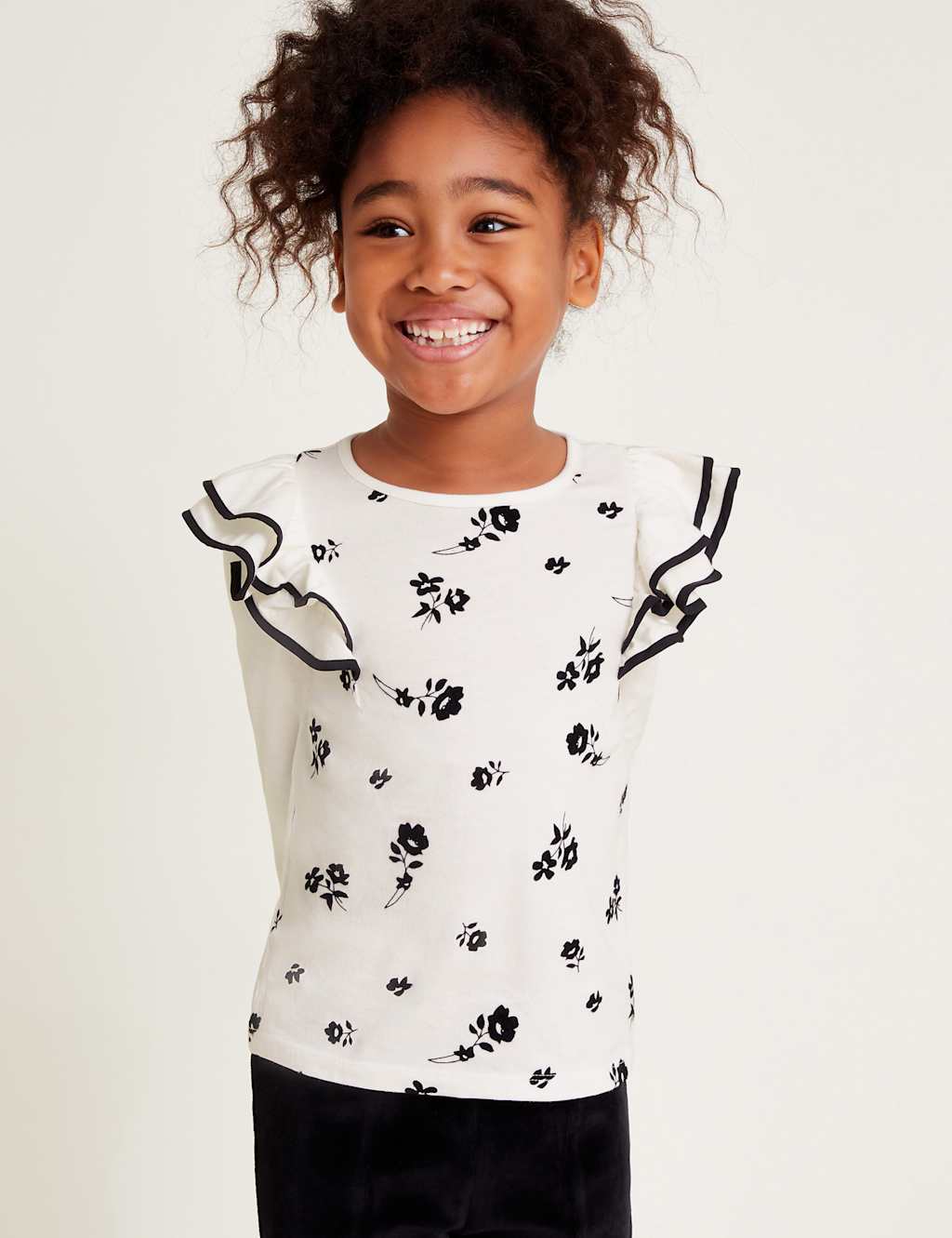 Monsoon Girls Pure Cotton Floral Flock Print Top (3-13 Yrs) - 5-6 Y - Ivory Mix, Ivory Mix